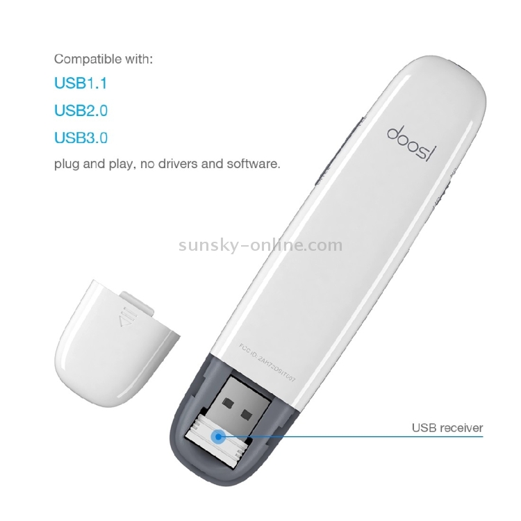 Doosl DSIT007 2.4GHz Recargable Powerpoint Presentation Wireless Cliker Control remoto Pen, distancia de control: 100 m (blanco) - 3