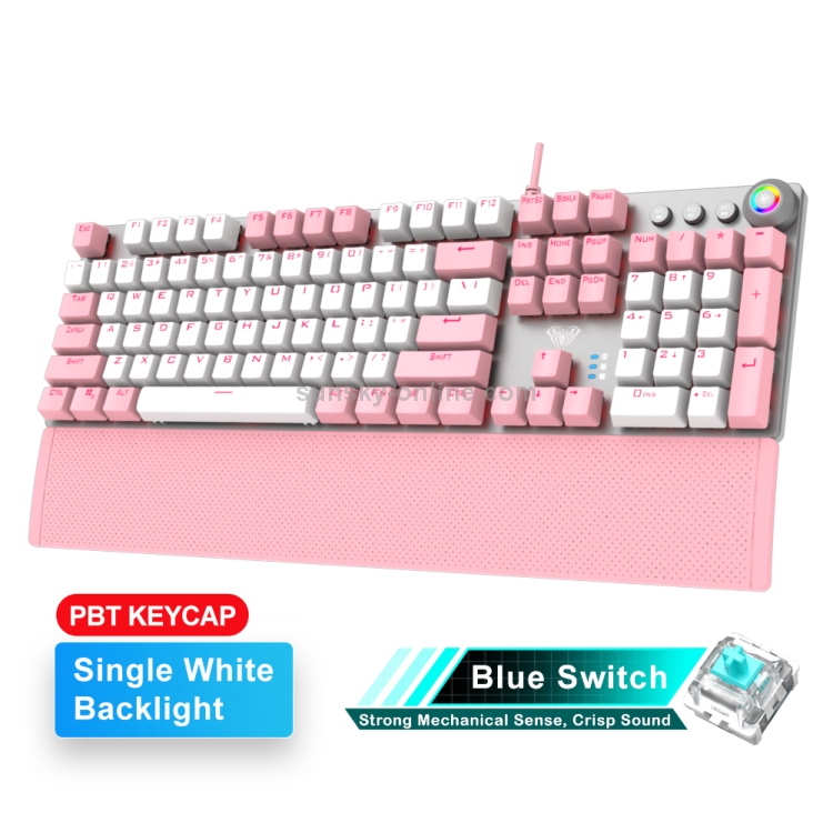 AULA F2088 PBT Keycap 108 Keys White Backlight Mechanical Blue Switch Wired  Gaming Keyboard(Pink White)