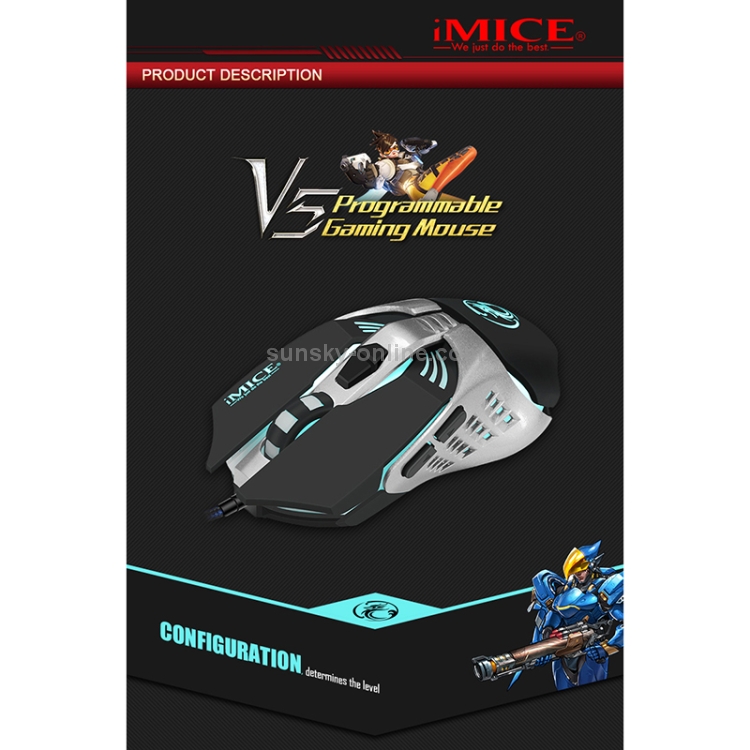 iMICE V5 USB 7 botones 4000 DPI Ratón óptico para juegos con retroiluminación colorida con cable para computadora PC portátil (Negro) - B1