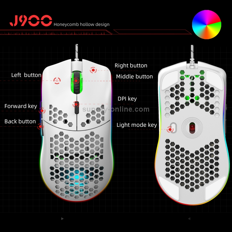 HXSJ J900 Ratón con cable para juegos programable con iluminación RGB de 6 teclas (blanco) - 10