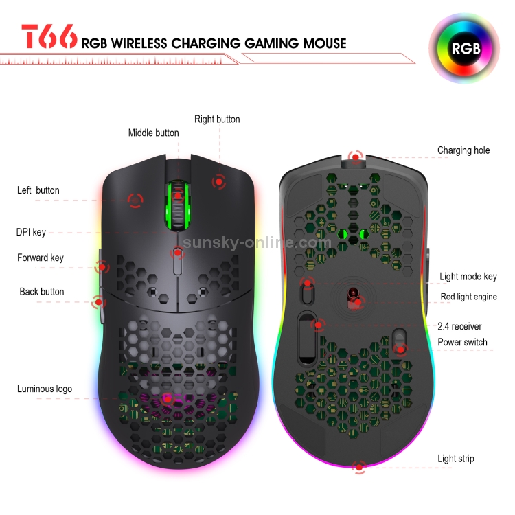HXSJ T66 Ratón inalámbrico para juegos programable con iluminación colorida de 7 teclas (negro) - B10