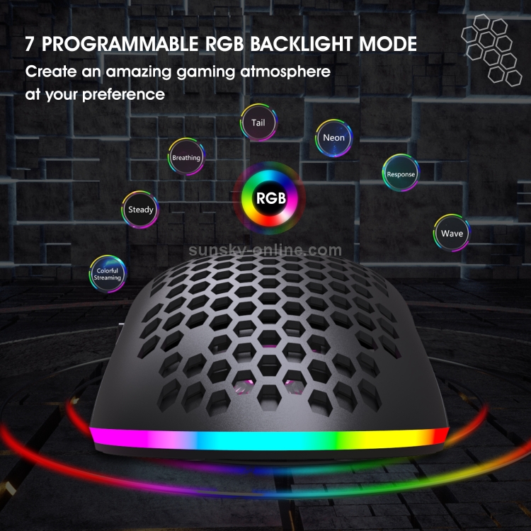 HXSJ T66 Ratón inalámbrico para juegos programable con iluminación colorida de 7 teclas (negro) - B6