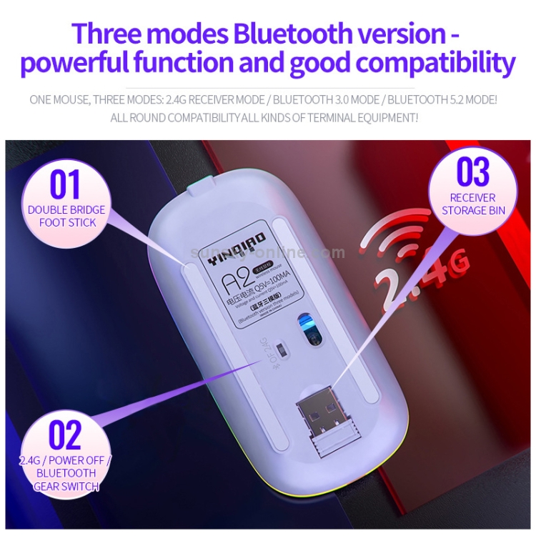 YINDIAO A2 BT3.0 + BT5.0 + 2.4GHz 1600DPI 3 modos Ajustable RGB Light Wireless Silent Bluetooth Mouse (Gris) - B3