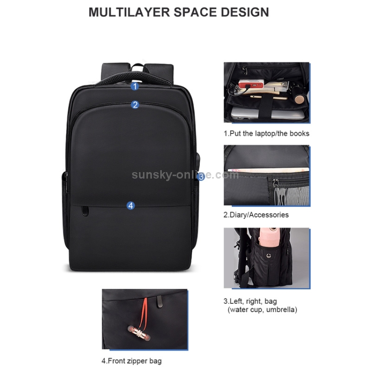 Mochila para portátil impermeable de poliéster para portátiles de menos de 15 pulgadas, con interfaz USB, correa para el maletero (negro) - 4
