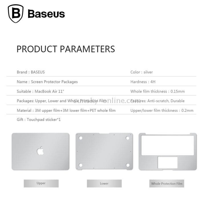 3 PCS Baseus for Macbook Air 11 inch 4H Surface Hardness Anti-scratch Screen Protector Packages Protective Film Cover Kit(1 x 3M Upper Film + 1 x 3M Lower Film + 1 x PET Whole Film)(Silver) 3 PCS Baseus for Macbook Air 11 inch 4H Surface Hardness Anti-scratch Screen Protector Packages Protective Film Cover Kit(1 x 3M Upper Film + 1 x 3M Lower Film + 1 x PET Whole Film)(Silver)