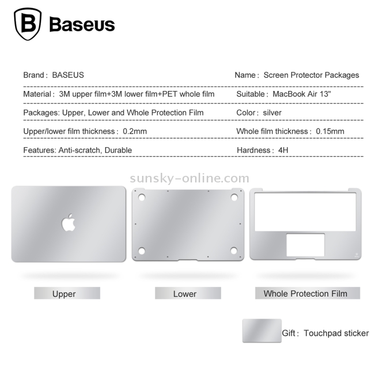 3 PCS Baseus for Macbook Air 13 inch 4H Surface Hardness Anti-scratch Screen Protector Packages Protective Film Cover Kit(1 x 3M Upper Film + 1 x 3M Lower Film + 1 x PET Whole Film)(Silver) 3 PCS Baseus for Macbook Air 13 inch 4H Surface Hardness Anti-scratch Screen Protector Packages Protective Film Cover Kit(1 x 3M Upper Film + 1 x 3M Lower Film + 1 x PET Whole Film)(Silver)
