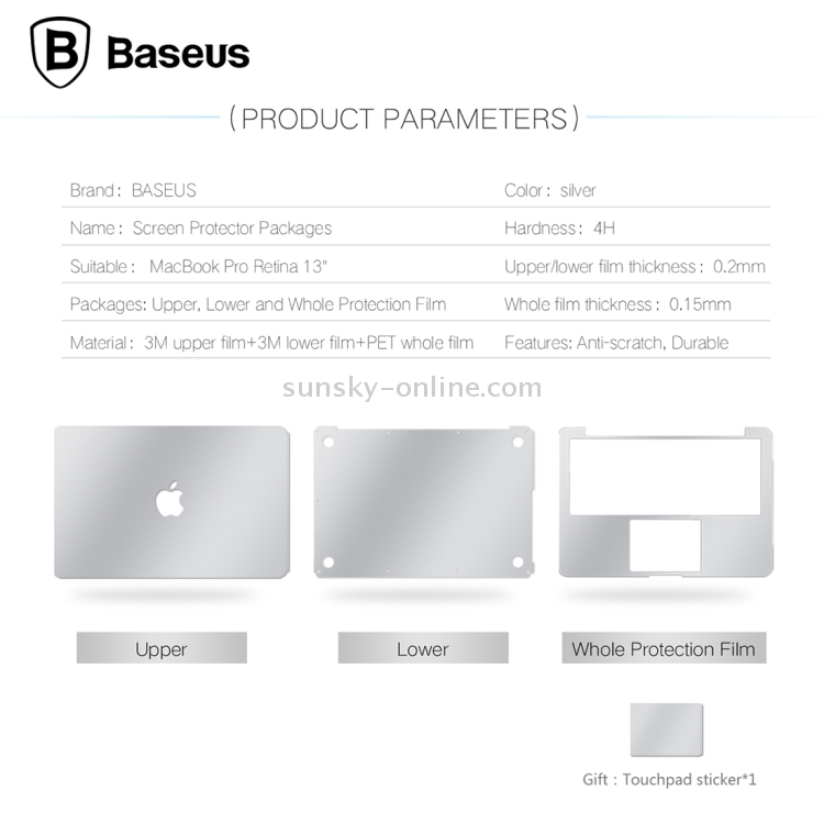 3 PCS Baseus for Macbook Pro Retina 13 inch 4H Surface Hardness Anti-scratch Screen Protector Packages Protective Film Cover Kit(1 x 3M Upper Film + 1 x 3M Lower Film + 1 x PET Whole Film)(Silver) 3 PCS Baseus for Macbook Pro Retina 13 inch 4H Surface Hardness Anti-scratch Screen Protector Packages Protective Film Cover Kit(1 x 3M Upper Film + 1 x 3M Lower Film + 1 x PET Whole Film)(Silver)