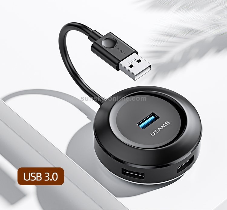 USAMS US-SJ414 Small Round Box USB 3.0 / 4 USB Intelligent HUB Adapter, Length 120mm(Black)