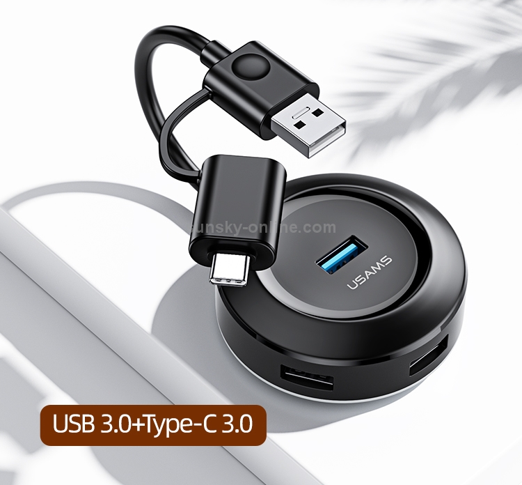 USAMS US-SJ416 Small Round Box USB 3.0 + Type-C 3.0 / 4 USB Intelligent HUB Adapter, Length 120mm(Black) USAMS US-SJ416 Small Round Box USB 3.0 + Type-C 3.0 / 4 USB Intelligent HUB Adapter, Length 120mm(Black)