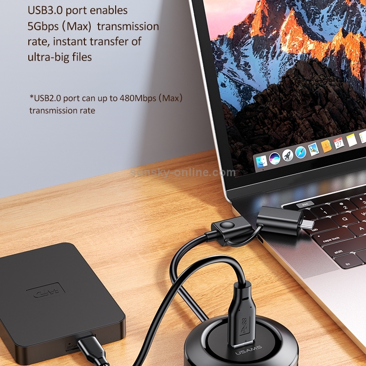USAMS US-SJ416 Small Round Box USB 3.0 + Type-C 3.0 / 4 USB Intelligent HUB Adapter, Length 120mm(Black) USAMS US-SJ416 Small Round Box USB 3.0 + Type-C 3.0 / 4 USB Intelligent HUB Adapter, Length 120mm(Black)