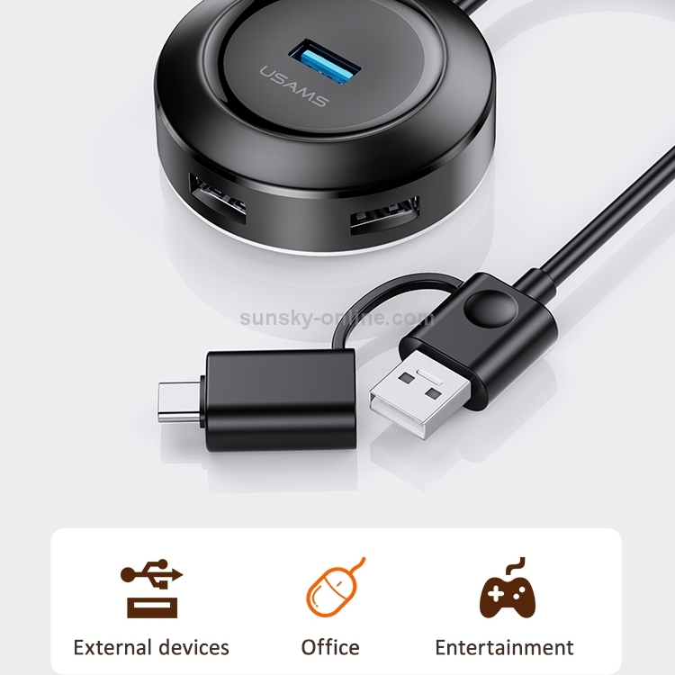 USAMS US-SJ416 Small Round Box USB 3.0 + Type-C 3.0 / 4 USB Intelligent HUB Adapter, Length 120mm(Black) USAMS US-SJ416 Small Round Box USB 3.0 + Type-C 3.0 / 4 USB Intelligent HUB Adapter, Length 120mm(Black)