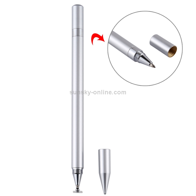2 in 1 Stationery Writing Tools Metal Ballpoint Pen Capacitive Touch Screen Stylus Pen for Phones, Tablets (Silver)