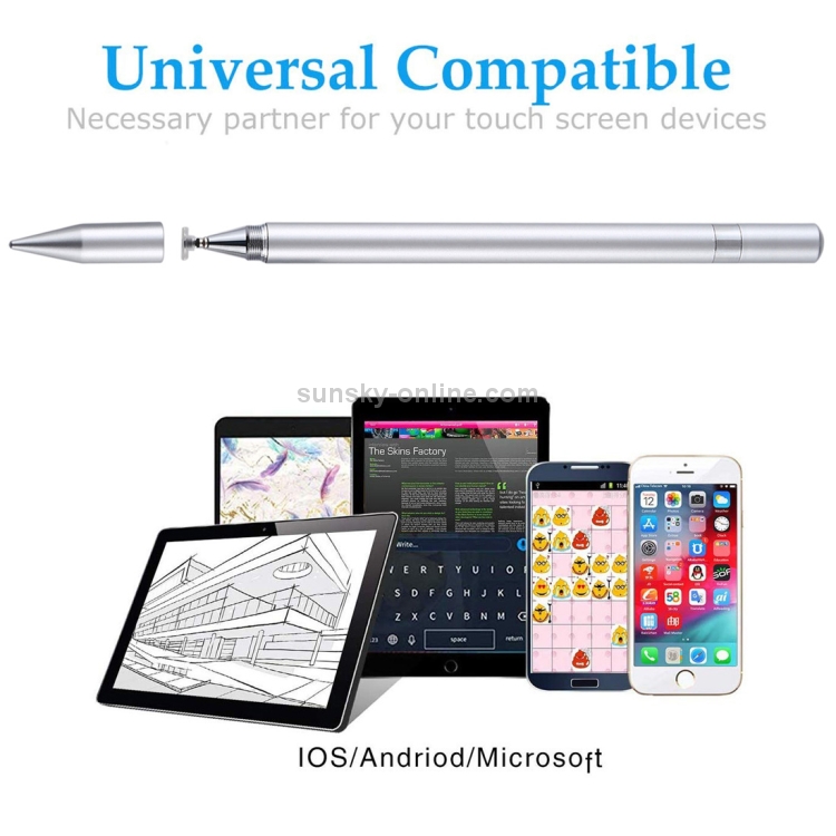 2 in 1 Stationery Writing Tools Metal Ballpoint Pen Capacitive Touch Screen Stylus Pen for Phones, Tablets (Silver)