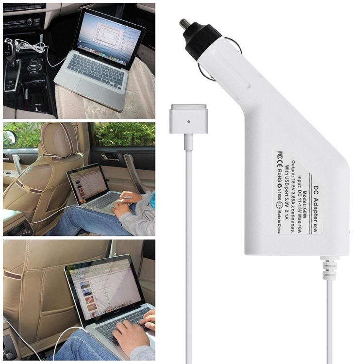 [US Warehouse] 60W 16.5V 3.65A 5 Pin T Style MagSafe 2 Car Charger with 1 USB Port for Apple Macbook A1465 / A1502 / A1435 / MD212 / MD2123 / MD662, Length: 1.7m
