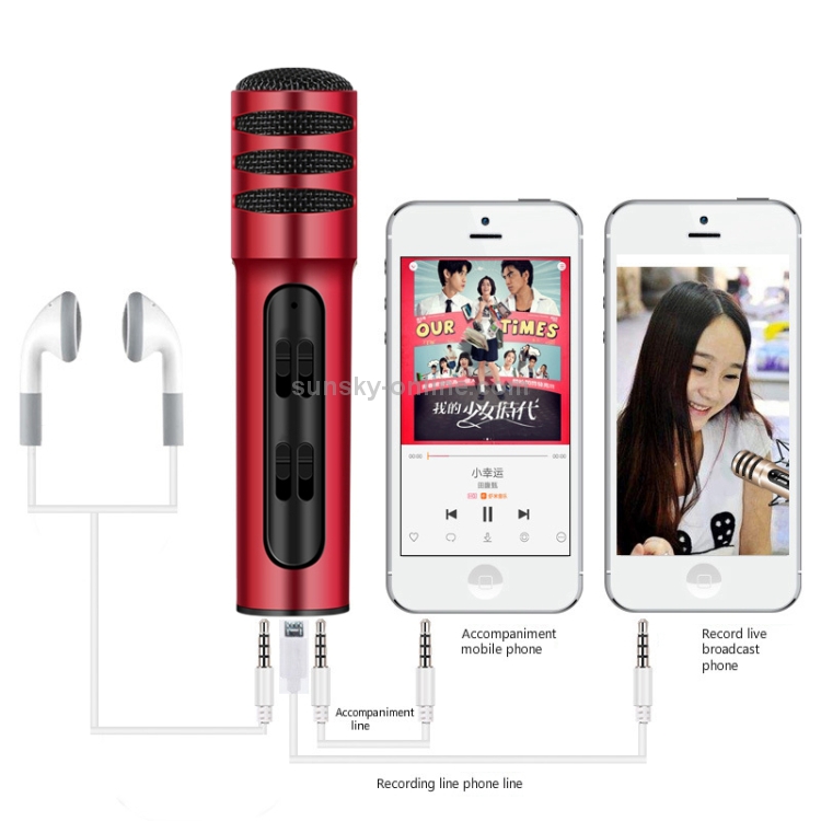 BGN-C7 Micrófono de condensador Doble teléfono móvil Karaoke Micrófono para cantar en vivo Tarjeta de sonido incorporada (rojo) - 5