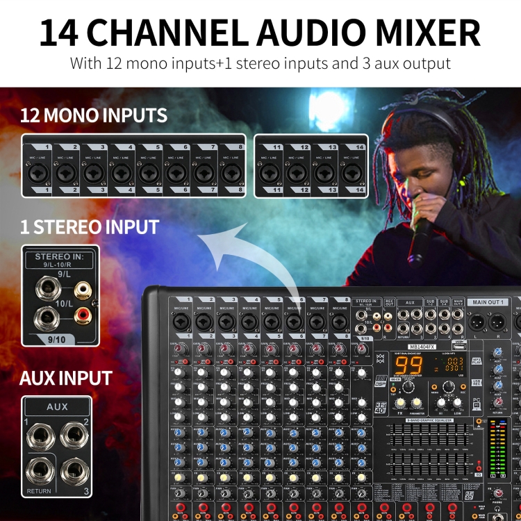 XTUGA B1404FX Mélangeur audio Bluetooth 14 canaux Contrôleur DJ numérique  Console de mixage sonore (prise britannique)