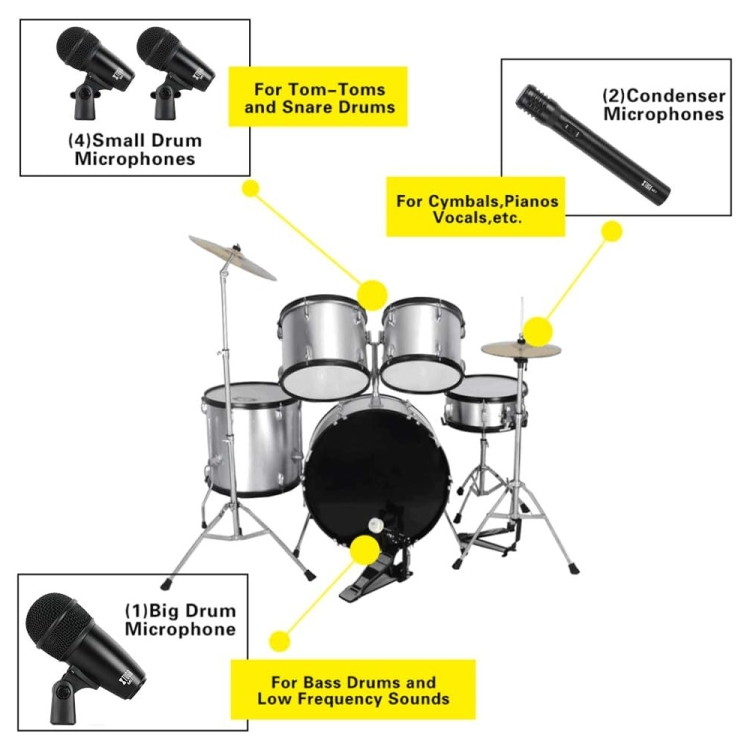 XTUGA DI7 Kit de micrófono de tambor dinámico con cable de 7 piezas Kick Bass Tom/Snare Cymbals Juego de micrófono con cables XLR - 6