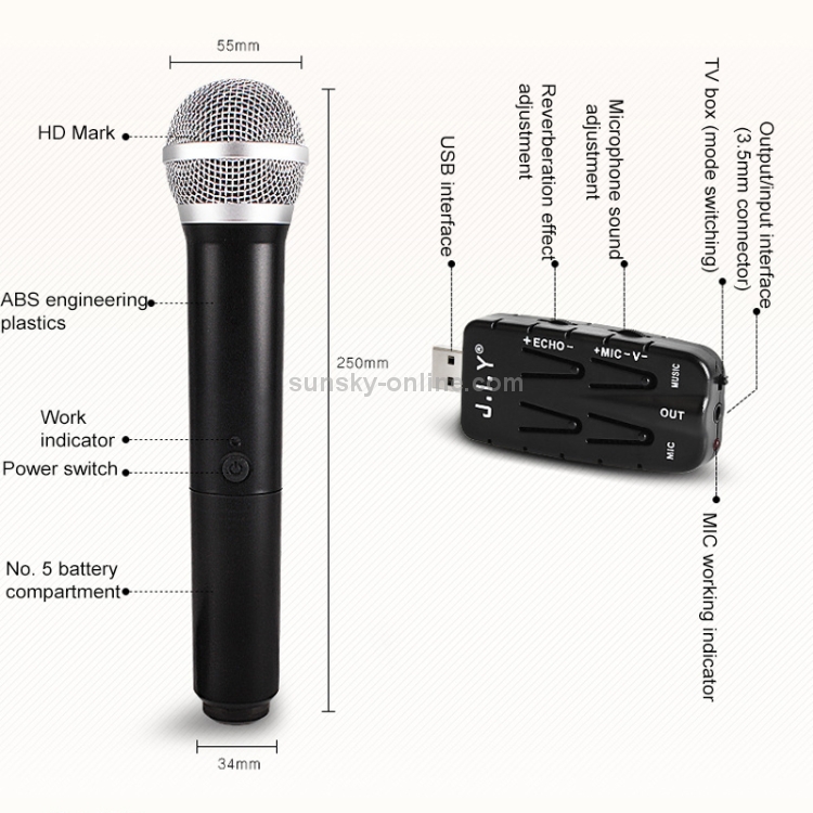J.I.Y 2 en 1 k Micrófonos inalámbricos de canción para PC de TV con tarjeta de audio Receptor USB (Negro) - 1