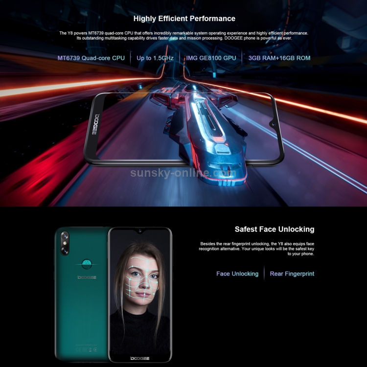 DOOGEE Y8, 4G Smartphone, 6.1”HD Waterdrop Screen, 3GB/16GB, Android  9.0