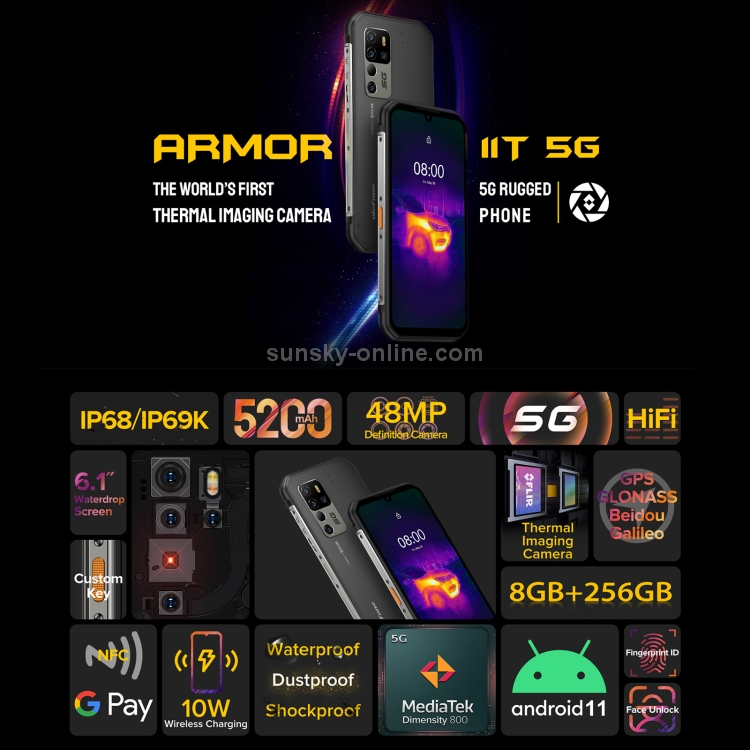 [HK Warehouse] Ulefone Armor 11T 5G Rugged Phone, Thermal Imaging Camera, 8GB+256GB, Quad Back Cameras, IP68/IP69K Waterproof Dustproof Shockproof, Face ID & Fingerprint Identification, 5200mAh Battery, 6.1 inch Android 11 MTK MT6873 Dimensity 800 Octa Core up to 2.0GHz, Network: 5G, OTG, NFC(Black) - 7