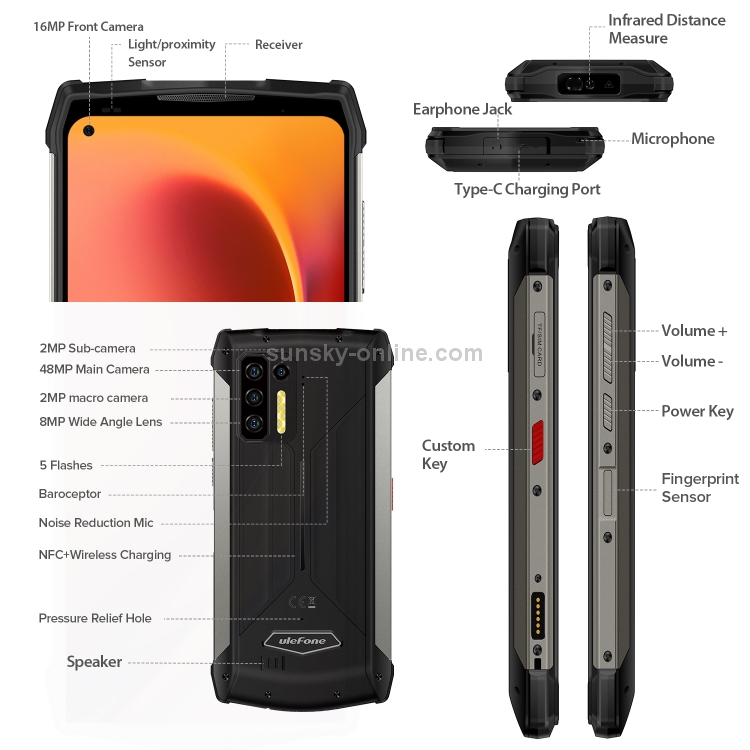 [HK Warehouse] Ulefone Armor 13 Rugged Phone, Infrared Distance Measure, 8GB+256GB, Quad Back Cameras, IP68/IP69K Waterproof Dustproof Shockproof, Face ID & Fingerprint Identification, 13200mAh Battery, 6.81 inch Android 11 MTK Helio G95 Octa Core up to 2.05GHz, Network: 4G, OTG, NFC(Black) - 6