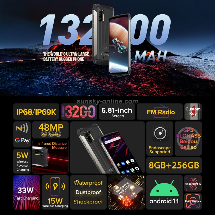[HK Warehouse] Ulefone Armor 13 Rugged Phone, Infrared Distance Measure, 8GB+256GB, Quad Back Cameras, IP68/IP69K Waterproof Dustproof Shockproof, Face ID & Fingerprint Identification, 13200mAh Battery, 6.81 inch Android 11 MTK Helio G95 Octa Core up to 2.05GHz, Network: 4G, OTG, NFC(Black) - 9