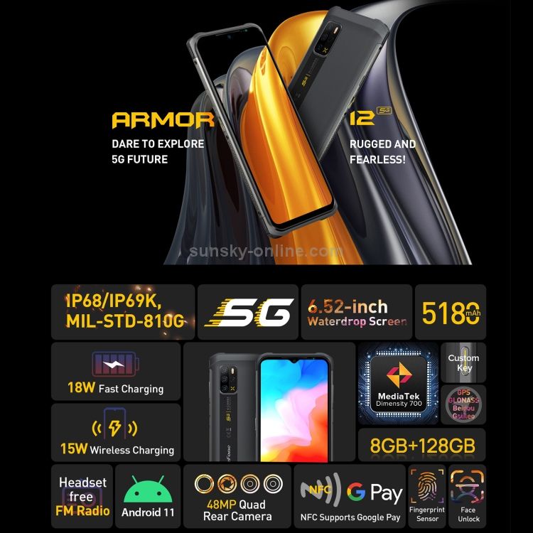 [HK Warehouse] Ulefone Armor 12 5G Rugged Phone, 8GB+128GB, Quad Back Cameras, IP68/IP69K Waterproof Dustproof Shockproof, Face ID & Side Fingerprint Identification, 5180mAh Battery, 6.52 inch Android 11 MTK6833 Dimensity 700 Octa Core up to 2.2GHz, Network: 5G, OTG, NFC, Support Wireless Charging(Black) - B1