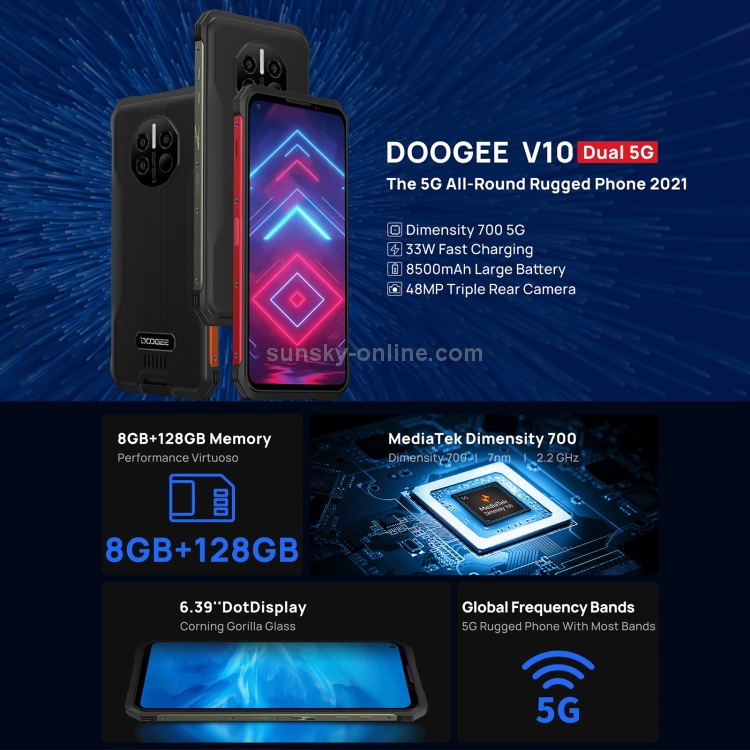 [HK Warehouse] DOOGEE V10 5G Rugged Phone, Non-contact Infrared Thermometer, 8GB+128GB, IP68/IP69K Waterproof Dustproof Shockproof, MIL-STD-810G, 8500mAh Battery, Triple Back Cameras, Side Fingerprint Identification, 6.39 inch Android 11.0 Dimensity 700 Octa Core up to 2.2GHz, Network: 5G, NFC, OTG, Wireless Charging Function(Red) - B1