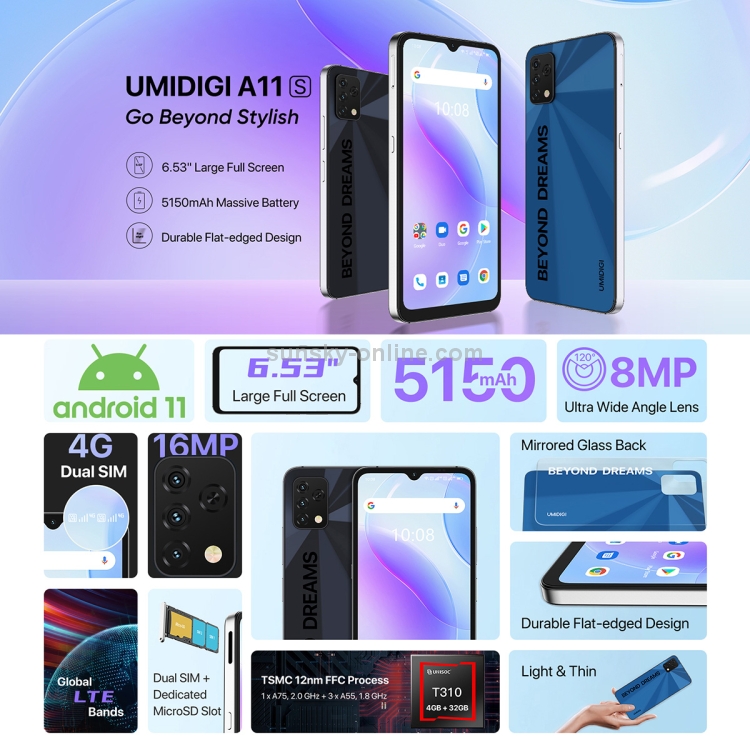 [HK Warehouse] UMIDIGI A11s,  4GB+32GB, Triple Back Cameras, 5150mAh Battery, Face Identification, 6.53 inch Android 11 UMS312 T310 Quad Core up to 2.0GHz, Network: 4G, OTG(Grey) - B1