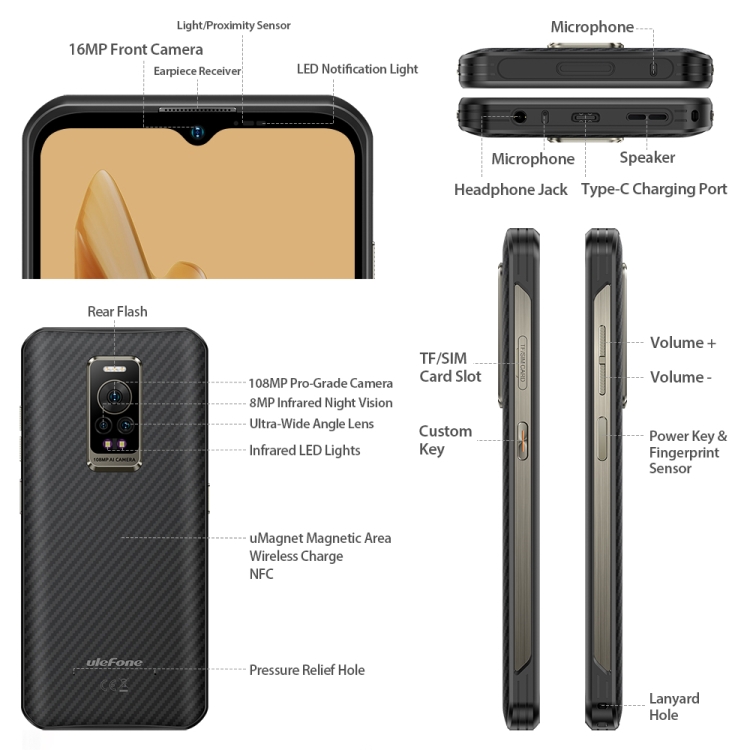 [HK Warehouse] Ulefone Armor 17 Pro Rugged Phone, Night Vision, 108MP Camera,8GB+256GB, Dual Back Cameras, IP68/IP69K Waterproof Dustproof Shockproof, Side Fingerprint Identification, 6.58 inch Android 12 MediaTek Helio G99 MT6789 Octa Core up to 2.2GHz, Network: 4G, OTG, NFC, Global Version with Google Play (Black)