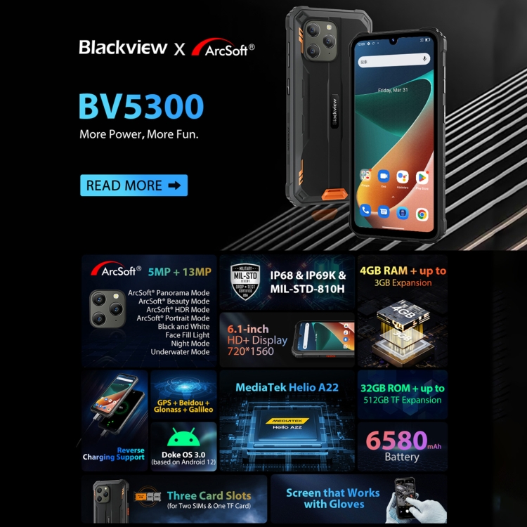 Защищенный телефон Blackview BV5300, 4 ГБ + 32 ГБ, IP68/IP69K/MIL-STD-810H, разблокировка по лицу, батарея 6580 мАч, 6,1-дюймовый Android 12 MTK6761 Helio A22 Quad Core с тактовой частотой до 2,0 ГГц, сеть: 4G, OTG, две SIM-карты (черный) - B1