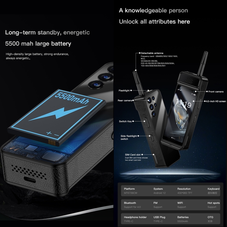 SOYES W88 Pro, 2GB+16GB, 4600mAh Battery, 4.0 inch Android 12 MTK6739CW Quad Core, Network: 4G, OTG, Dual SIM (Black)