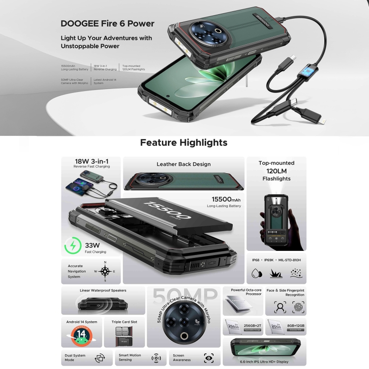 [HK Warehouse] DOOGEE Fire 6 Power Rugged Phone, 8GB+256GB, 6.56 inch Android 14 Spreadtrum T606 Octa Core, Network: 4G, OTG, NFC (Green) - B1