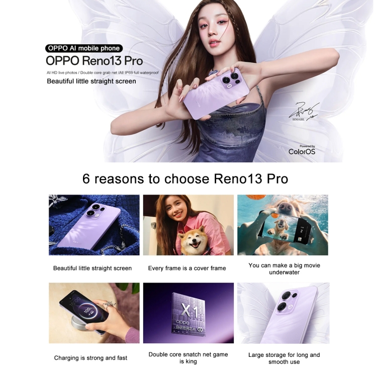 OPPO Reno13 Pro AI フォン、12GB+256GB、スクリーン指紋認証、6.83 インチ ColorOS 15.0 Dimensity 8350 オクタコア、NFC、OTG、ネットワーク: 5G (パープル) - B1
