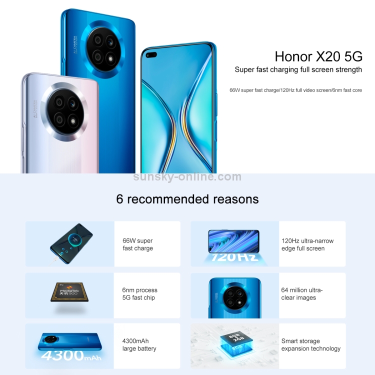 Honor X20 5G NTN-AN20, 64MP Cameras, 8GB+128GB, China Version, Triple Back Cameras, Side Fingerprint Identification, 4300mAh Battery, 6.67 inch Magic UI 4.2 (Android 11) MediaTek Dimensity 900 Octa Core up to 2.4GHz, Network: 5G, OTG, Not Support Google Play(Blue) - B1