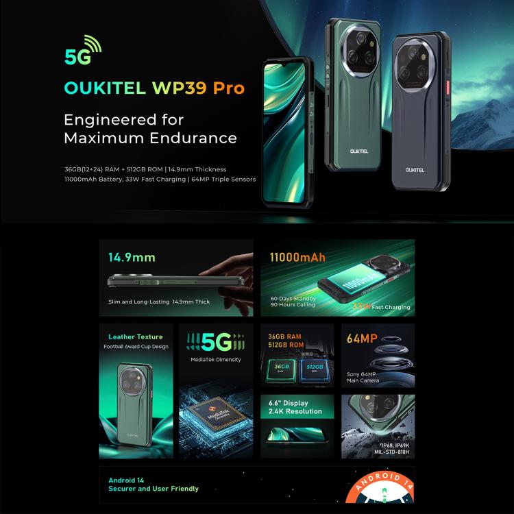 [HK Warehouse] Oukitel WP39 Pro 5G Rugged Phone, 12GB+512GB, Night Vision, Fingerprint Identification, 6.6 inch Android 14 MediaTek Dimensity 6300 Octa Core, NFC, OTG, Network: 5G (Grey) - B1
