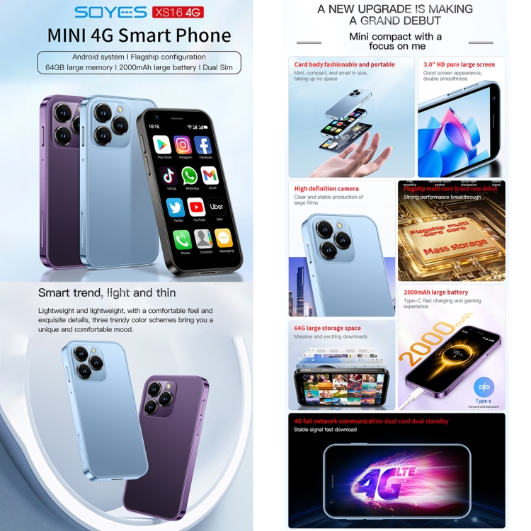 SOYES XS16 4G スマートフォン 3.0インチ 3GB-64GB Soyes Xs16 Android 10.0 3 Inch 4G LTE 64GB 2000mAh Mini
