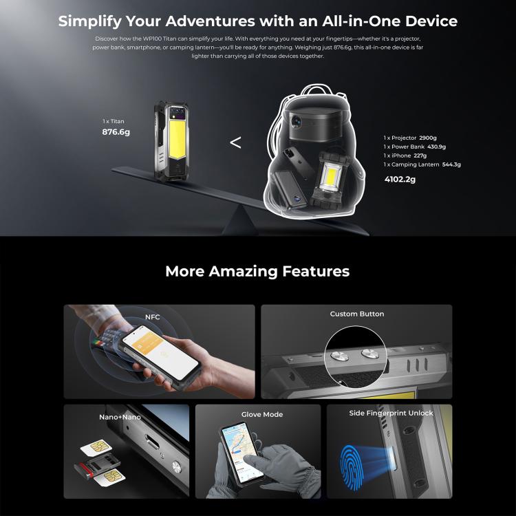 [HK Warehouse] Oukitel WP100 TITAN 5G Projector Rugged Phone, 16GB+512GB, 200MP Camera, Fingerprint Identification, 6.8 inch Android 14 MediaTek Dimensity 7300 Octa Core, NFC, OTG, Network: 5G (Black)