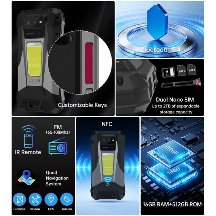 [HK Warehouse] Unihertz 8849 Tank X Projector Rugged Phone, 16GB+512GB, Side Fingerprint, Night Vision, 6.78 inch Android 15 MediaTek Dimensity 8200 Octa Core, Network: 5G, NFC (Black)