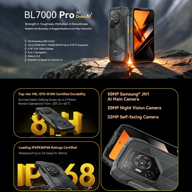 [HK Warehouse] Blackview BL7000 Rugged Phone, 8GB+256GB, 6.78 inch Android 15 MediaTek Dimensity 6300 Octa Core, Network: 5G, NFC, OTG (Orange) - B1