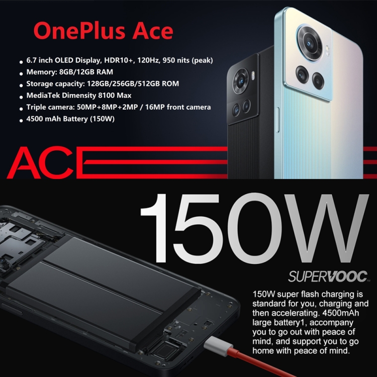 OnePlus Ace 5G, appareil photo 50 MP, 8 Go + 128 Go, Caméras triple arrière, batterie 4500 mAh, identification d'empreintes digitales à l'écran, 6,7 pouces ColorOS 12.1 MediaTek Dimensity 8100 Max Octa Core jusqu'à 2,85 GHz, NFC, réseau : 5G (noir) - B1