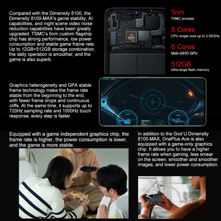 OnePlus Ace 5G, appareil photo 50 MP, 8 Go + 128 Go, Caméras triple arrière, batterie 4500 mAh, identification d'empreintes digitales à l'écran, 6,7 pouces ColorOS 12.1 MediaTek Dimensity 8100 Max Octa Core jusqu'à 2,85 GHz, NFC, réseau : 5G (noir) - B2