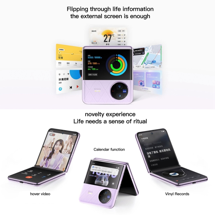 vivo X Flip 5G, appareil photo 50MP, 12 Go + 512 Go, Caméras arrière doubles, identification d'empreintes digitales latérales, batterie 4400 mAh, 6,74 pouces + 3,0 pouces Android 13.0 OriginOS 3 Qualcomm Snapdragon 8+ Gen1 Octa Core jusqu'à 3,0 GHz, NFC, OTG, réseau : 5G (or) - B5