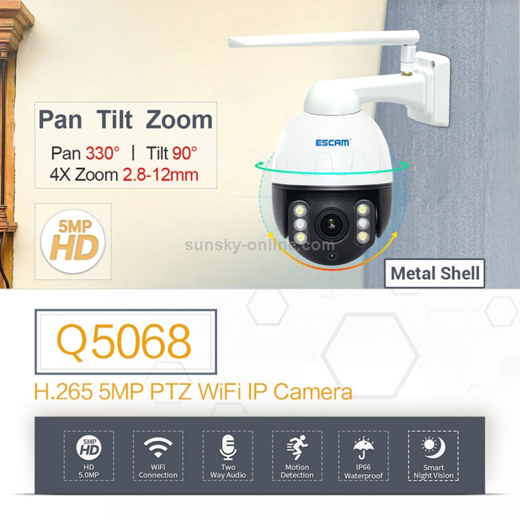 ESCAM Q5068 H.265 5MP Pan / Tilt / 4X Zoom WiFi Cámara IP impermeable, compatible con ONVIF, conversación bidireccional y visión nocturna, enchufe de EE. UU. - 6
