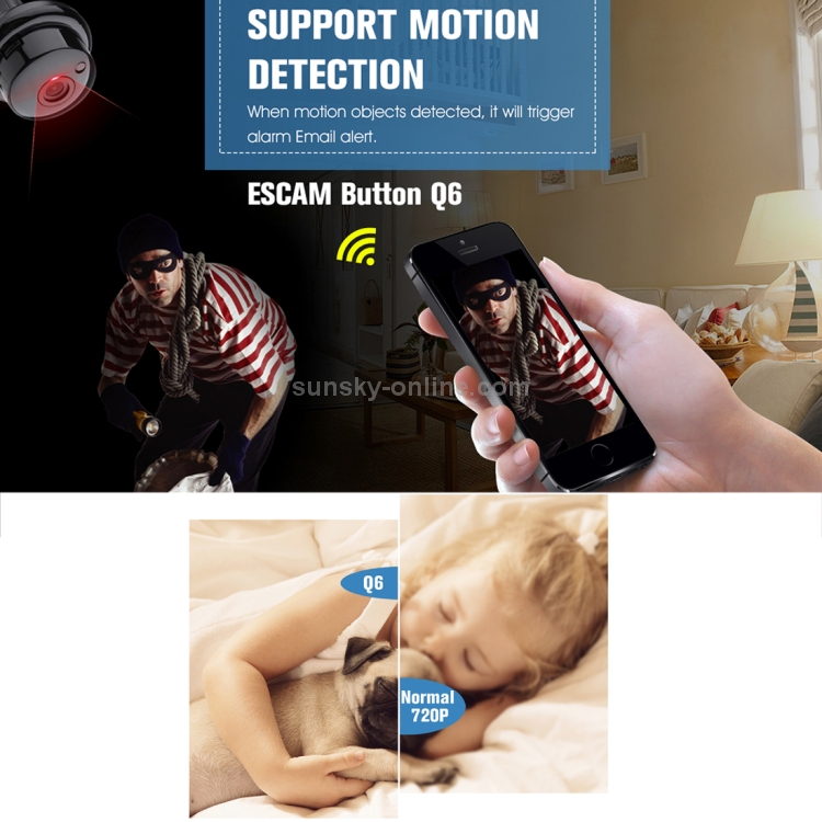 Bouton ESCAM Q6 1/4 pouces 1.0MP WiFi caméra IP, détection de mouvement de  soutien