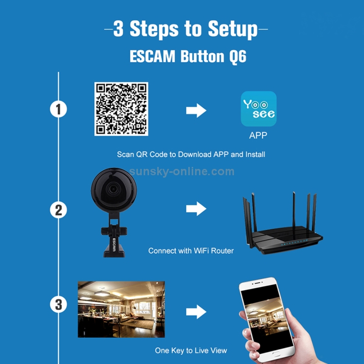 Bouton ESCAM Q6 1/4 pouces 1.0MP WiFi caméra IP, détection de mouvement de  soutien