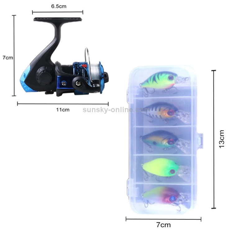 HENGJIA SetJL200 Box0148 Small Fishing Gear Set 200 Type 3BB Ball Bearings  Wheel Seat Fishing Reel Spinning with 40m Fishing Lines & 5 PCS fishing  Baits(Blue)