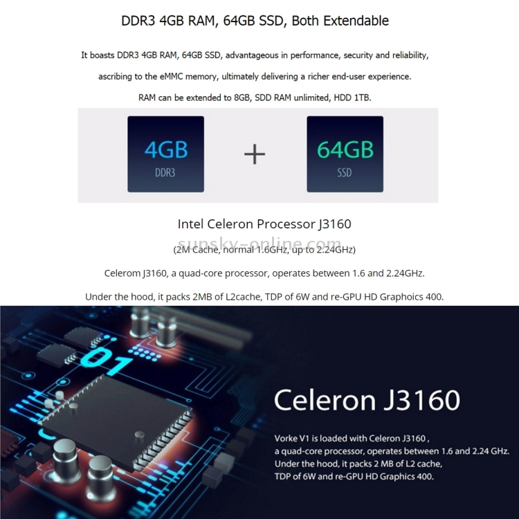 Vorke V1 Mini PC / TV Box Windows 10 Braswell Celeron J3160 Quad Core 1.6GHz, RAM: 4GB, ROM: 64GB, Soporte Bluetooth, WiFi, XBMC (Negro) - 8