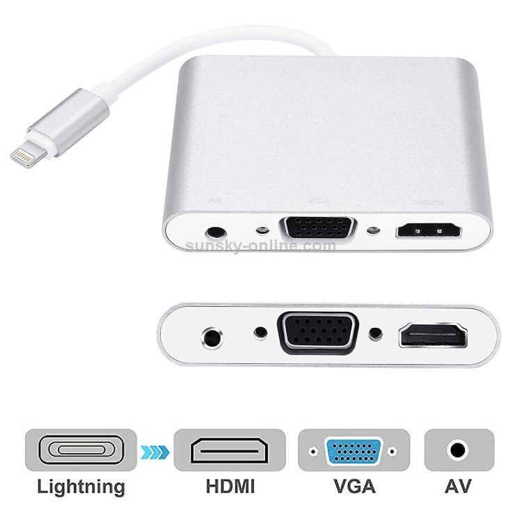3 in 1 8 Pin to HDMI / VGA / Audio Adapter(Silver) 3 in 1 8 Pin to HDMI / VGA / Audio Adapter(Silver)