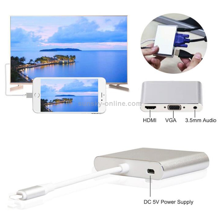 3 in 1 8 Pin to HDMI / VGA / Audio Adapter(Silver) 3 in 1 8 Pin to HDMI / VGA / Audio Adapter(Silver)